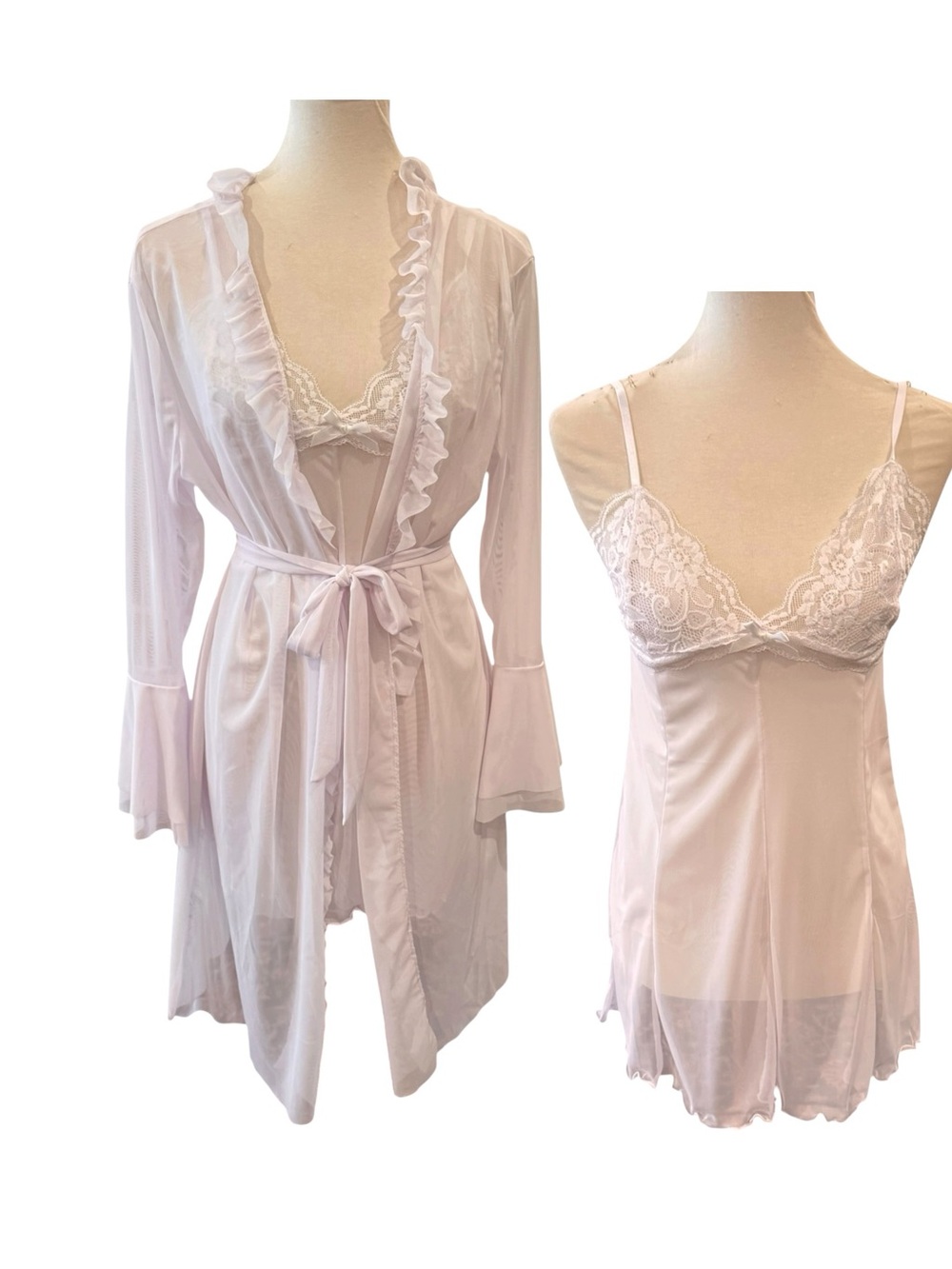 Delicate Lace-Trim  Sleep white Chemise & Robe Set Sz L new no tags